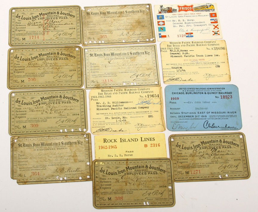 Group of 13 R.R. passes from 1893 to 1966 marked C: Group of 13 R.R. passes from 1893 to 1966 marked CB&Q, T&P, FRISCO, ROCK ISLAND and STL & IM & SOUTHERN. Sold as one lot.