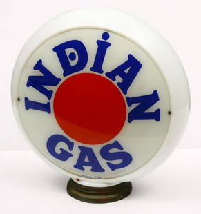 Vintage Indian gasoline globe w/ 13 1/2" glass bod: Vintage Indian gasoline globe w/ 13 1/2" glass body and metal ring at base, showing chipping under metal ring, other wise very good condition.