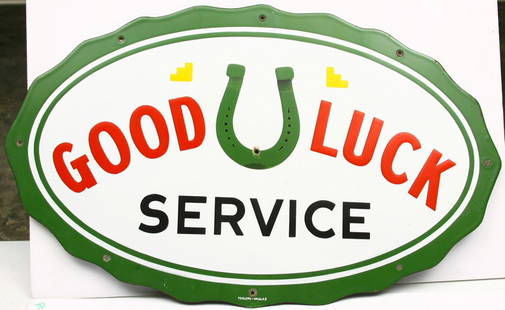 Porcelain raised letter vintage 19" x 31", "GOOD L: Porcelain raised letter vintage 19" x 31", "GOOD LUCK SERVICE" sign by Texlite-Dallas, very good condition.