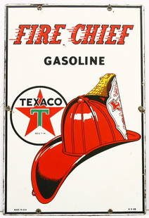 TEXACO FIRE CHIEF GASOLINE 12" x 18" raised porce: TEXACO FIRE CHIEF GASOLINE 12" x 18" raised porcelain sign dated 3-3-56, very good condition w/ some light chipping around outside edge.