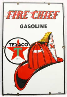 TEXACO FIRE CHIEF GASOLINE 12" x 18" raised porce: TEXACO FIRE CHIEF GASOLINE 12" x 18" raised porcelain sign dated 3-1-57, very good condition w/ some light chipping around outside edge.