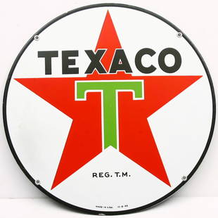 Vintage raised porcelain 15" round TEXACO sign dat: Vintage raised porcelain 15" round TEXACO sign dated 10-8-46, very good condition.