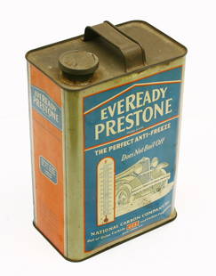 Vintage EVEREADY PRESTONE Anti-freeze advertising: Vintage EVEREADY PRESTONE Anti-freeze advertising can 6 1/2" x 9 1/2" very good paint, has dent in one side.