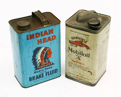 Pair of Vintage tin 1 gallon advertising cans for: Pair of Vintage tin 1 gallon advertising cans for INDIAN HEAD BRAKE FLUID and GARGOYLE OIL. Sold as one lot.