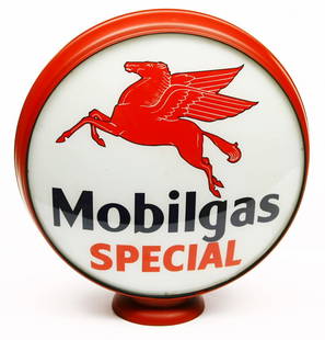 Flying Horse Mobilgas Special gasoline globe, red: Flying Horse Mobilgas Special gasoline globe, red metal body 16 1/2" lens w/ Mobilgas on opposite side.