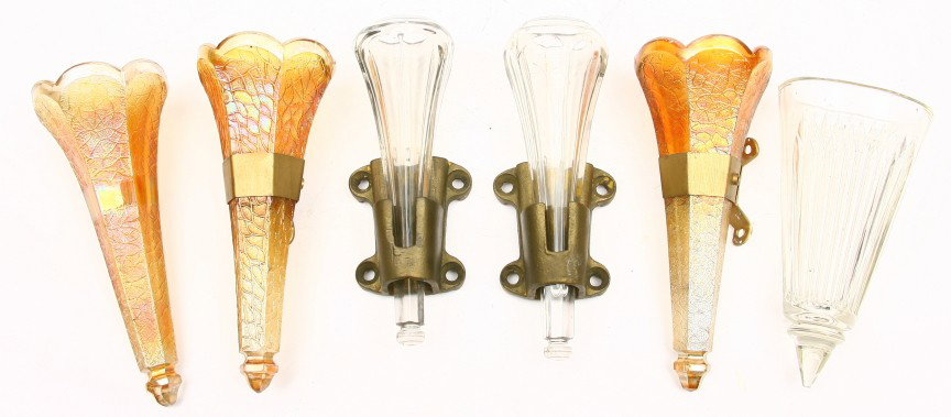 6 Early auto vases including 2 pairs in brass hold: 6 Early auto vases including 2 pairs in brass holders and 2 odd vases, 7" long. Sold as one lot.