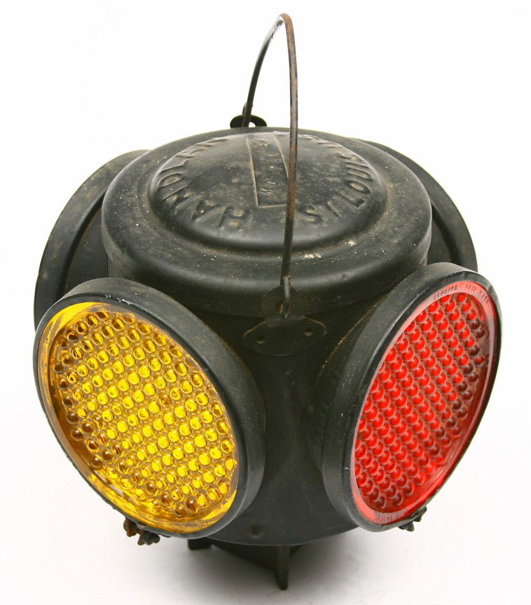 MO PAC Railroad marked switch marker lamp reflecto: MO PAC Railroad marked switch marker lamp reflector by HANDLAN, 10" tall.