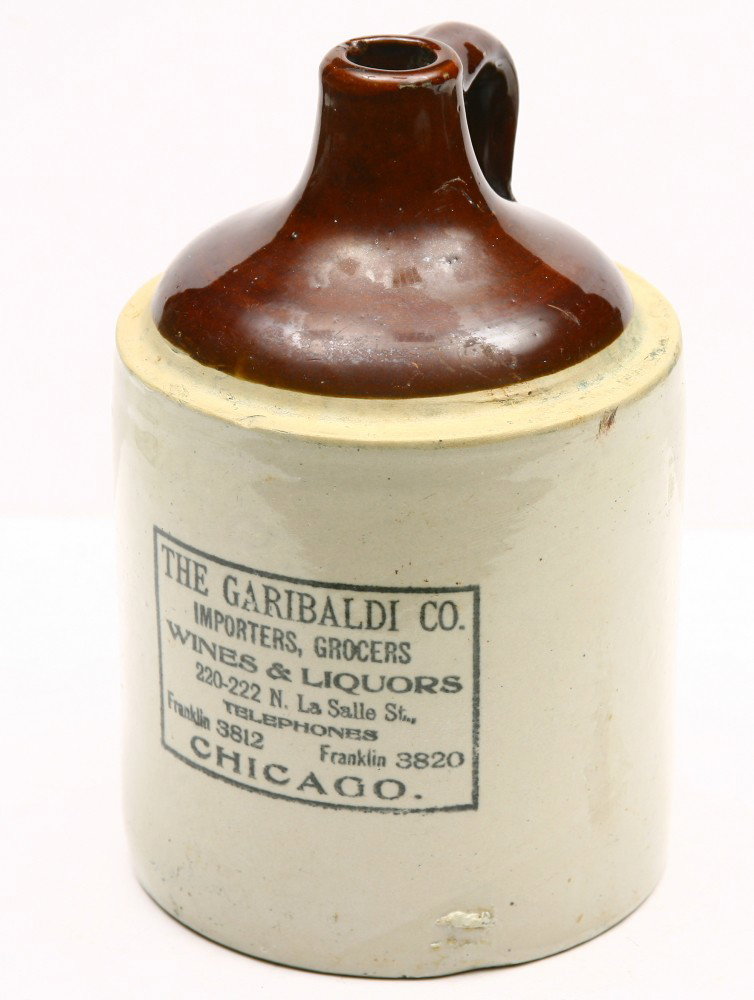 Vintage one gallon crock 11" tall for THE GARIBALD: Vintage one gallon crock 11" tall for THE GARIBALDI CO. "Importers, Grocers, Wines and Liquor" CHICAGO, very good.