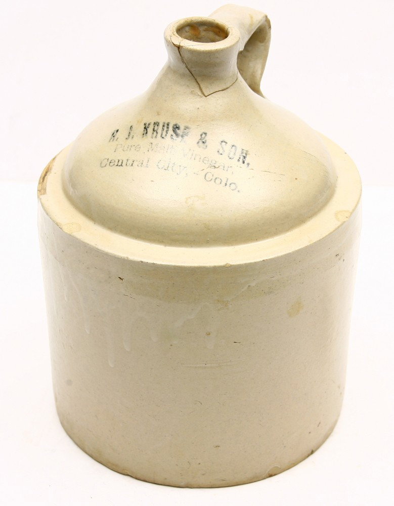 Vintage grocers one gallon crock 10" tall for H.J.: Vintage grocers one gallon crock 10" tall for H.J. KRUSE & SON "Pure Malt Vinegar" CENTRAL CITY, COLO., repaired spout and chipped outside edge.