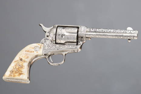 Antique Colt SAA Revolver, .41 caliber, SN 167391, manufactured 1896, nickel finish, 4 3/4" barrel,: Antique Colt SAA Revolver, .41 caliber, SN 167391, manufactured 1896, nickel finish, 4 3/4" barrel, engraved full coverage of Texas Ranch Brands. Mounted with beautiful ram horn grips. Engraving done