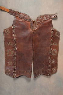 Pair of vintage, unmarked bull hide batwing spotted Chaps, very good condition, leather is supple.: Pair of vintage, unmarked bull hide batwing spotted Chaps, very good condition, leather is supple. Chaps have fancy spotted borders with star, crescent and horse shoe, matching spotted belt. NOTE: