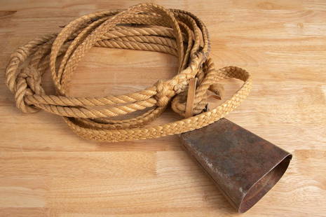 Most unusual braided Bull Riding Strap, complete with iron bell. Rope measures 12 ft. 6" long. THE: Most unusual braided Bull Riding Strap, complete with iron bell. Rope measures 12 ft. 6" long. THE LATE DEAN FLOCK ESTATE