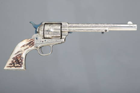 Antique Colt SAA Revolver, .45 caliber, SN 97905, manufactured 1883, six-shot, 7 1/2" barrel.: Antique Colt SAA Revolver, .45 caliber, SN 97905, manufactured 1883, six-shot, 7 1/2" barrel. Revolver is accompanied by an original letter from Master Engraver David Wade Harris indicating that he