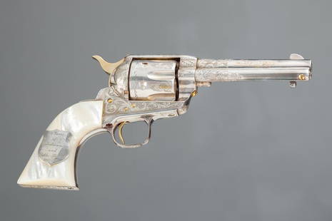 Roy Rogers .45 Premier Edition Revolver, .45 caliber, SN 15, silver finish, 4 3/4" barrel, hand: Roy Rogers .45 Premier Edition Revolver, .45 caliber, SN 15, silver finish, 4 3/4" barrel, hand engraved, clad in sterling silver with mother of pearl one-piece grips. Grips have silver badge on