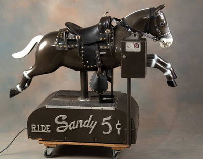 Mechanical 5 cent, coin-op Kiddie Ride Horse, circa 1950, Model 600 manufactured by United Tool &: Mechanical 5 cent, coin-op Kiddie Ride Horse, circa 1950, Model 600 manufactured by United Tool & Engineering Co., SN N1254. Horse is in excellent running condition with original spotted leather