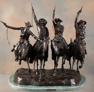 Large Western Bronze marked "Coming Through the Rye / Frederic Remington". Bronze has great detail: Large Western Bronze marked "Coming Through the Rye / Frederic Remington". Bronze has great detail and rich patina, mounted on scalloped granite base, measures 28" T x 23" W. Sold with document from