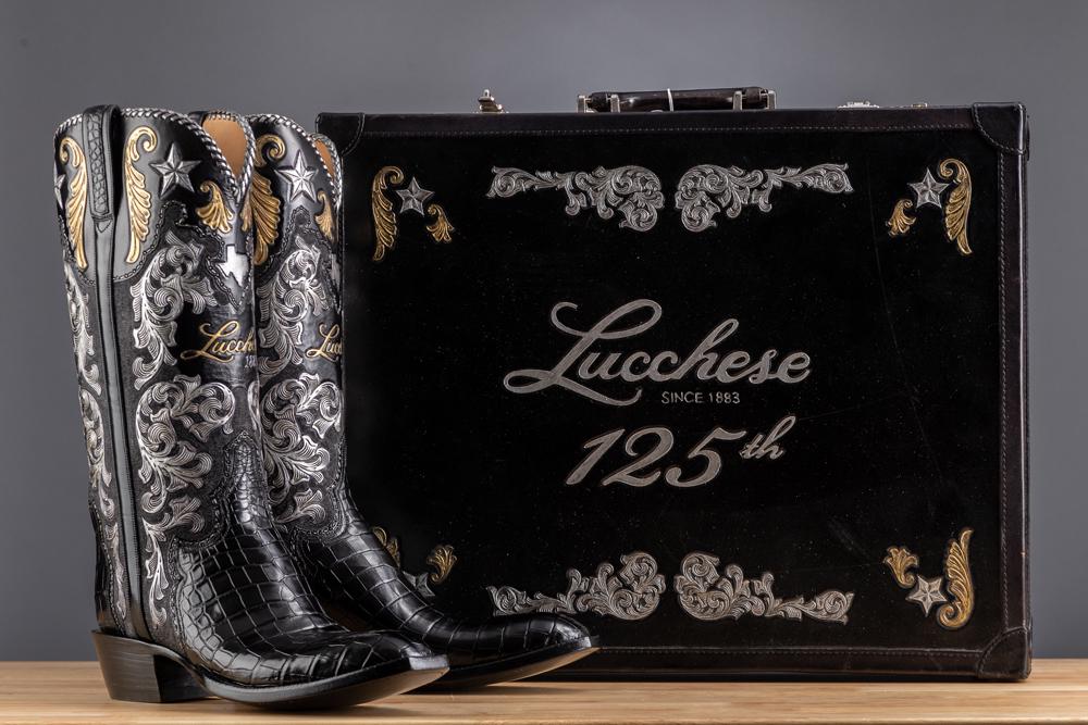 Cased Pair of Lucchese Handmade Men's Western Gator Boots with 15 1/2" tooled tops. Never worn,: Cased Pair of Lucchese Handmade Men's Western Gator Boots with 15 1/2" tooled tops. Never worn, pristine condition, size 10 1/2 C, each boot with its personal cloth covers. Boots are #35 of 125 made f