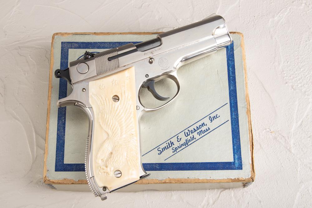 Smith & Wesson Model 39-2, 9MM caliber, Serial Number 109763, manufactured 1968, 4" barrel. Nice: Smith & Wesson Model 39-2, 9MM caliber, Serial Number 109763, manufactured 1968, 4" barrel. Nice nickel finish Model 39 with carved bone Eagle grips, very minor blemishes on the nickel and no flaking