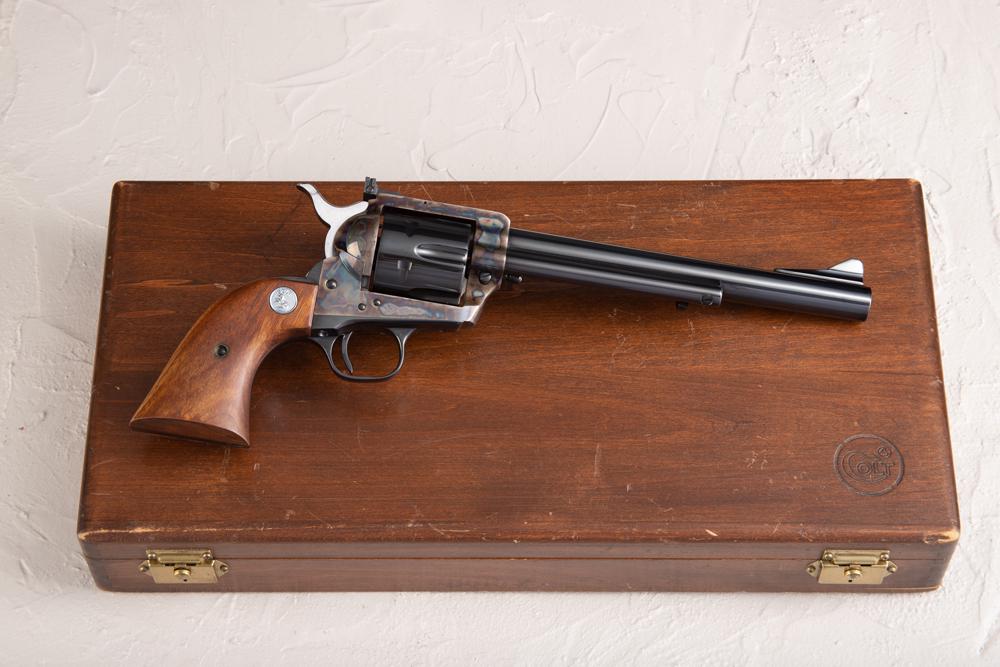 Colt SAA Model .357 Magnum caliber, Serial Number 3012NF, manufactured 1962, first year of true: Colt SAA Model .357 Magnum caliber, Serial Number 3012NF, manufactured 1962, first year of true production, 7 1/2" barrel. Absolutely beautiful cased Colt Single Action, in our opinion this gun is in