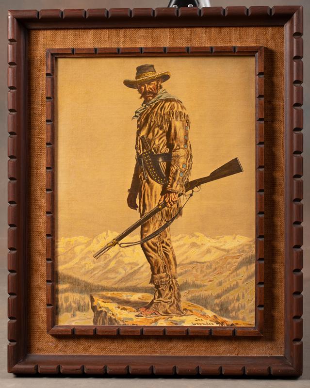An original Oil on Canvas Painting by noted Texas Artist Joe Grandee, signed at lower right, in: An original Oil on Canvas Painting by noted Texas Artist Joe Grandee, signed at lower right, in custom gallery frame. Depicts an early Plainsman with Rocky Mountains in the background. Actual art meas