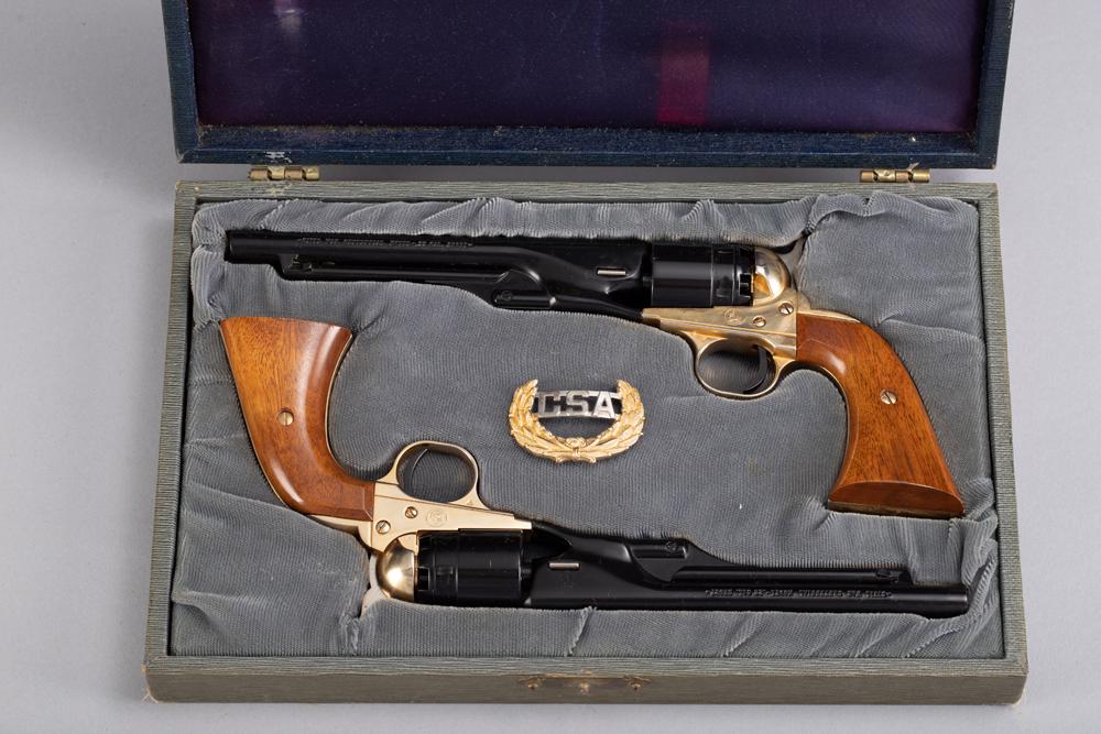 Cased Set of Colt Civil War Centennial Model Revolvers, .22 Short caliber, consecutive SN 552W &: Cased Set of Colt Civil War Centennial Model Revolvers, .22 Short caliber, consecutive SN 552W & 553W, blue finish with brass frame, 6" barrel, wooden grips. Sold in "Colt" marked fitted case. WILL SE