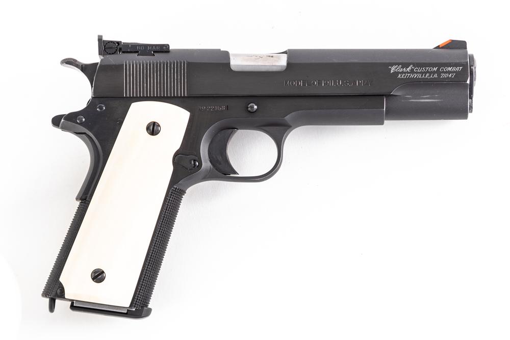 Colt 1911 Model, .45 ACP caliber, Serial Number 229581, manufactured in 1918, 5" barrel. Gun has: Colt 1911 Model, .45 ACP caliber, Serial Number 229581, manufactured in 1918, 5" barrel. Gun has been customized by Clary Custom in their "Combat" configuration. Gun has front strap and main spring ho