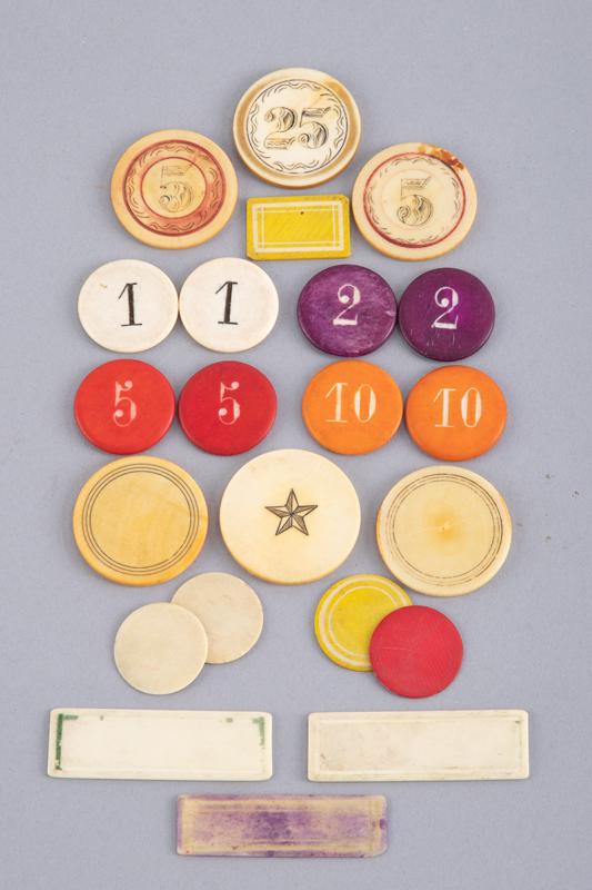 Collection of 22 vintage miscellaneous Poker Chips, some are multi-colored, some have numbers. WILL: Collection of 22 vintage miscellaneous Poker Chips, some are multi-colored, some have numbers. WILL BE SOLD AS ONE LOT.