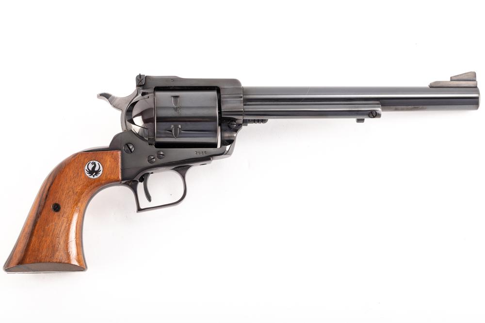 Ruger Super Blackhawk Model, .44 Magnum caliber, Serial Number 7956, manufactured in 1962, 7 1/2": Ruger Super Blackhawk Model, .44 Magnum caliber, Serial Number 7956, manufactured in 1962, 7 1/2" barrel. Early production Super Blackhawk in very scarce white box. Slight thinning at muzzle and eject