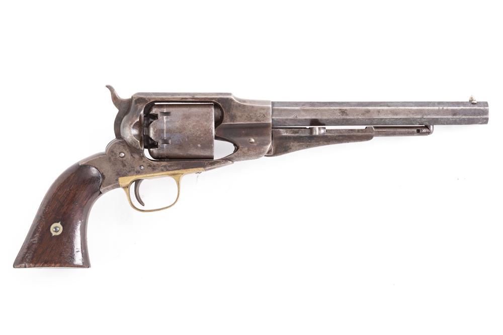 Antique Remington 1861 Army Revolver, SN 7885. Manufactured circa 1862, this is a .44 caliber,: Antique Remington 1861 Army Revolver, SN 7885. Manufactured circa 1862, this is a .44 caliber, 6-shot revolver with an 8” octagonal barrel and walnut stocks. The barrel address reads "PATENTED D