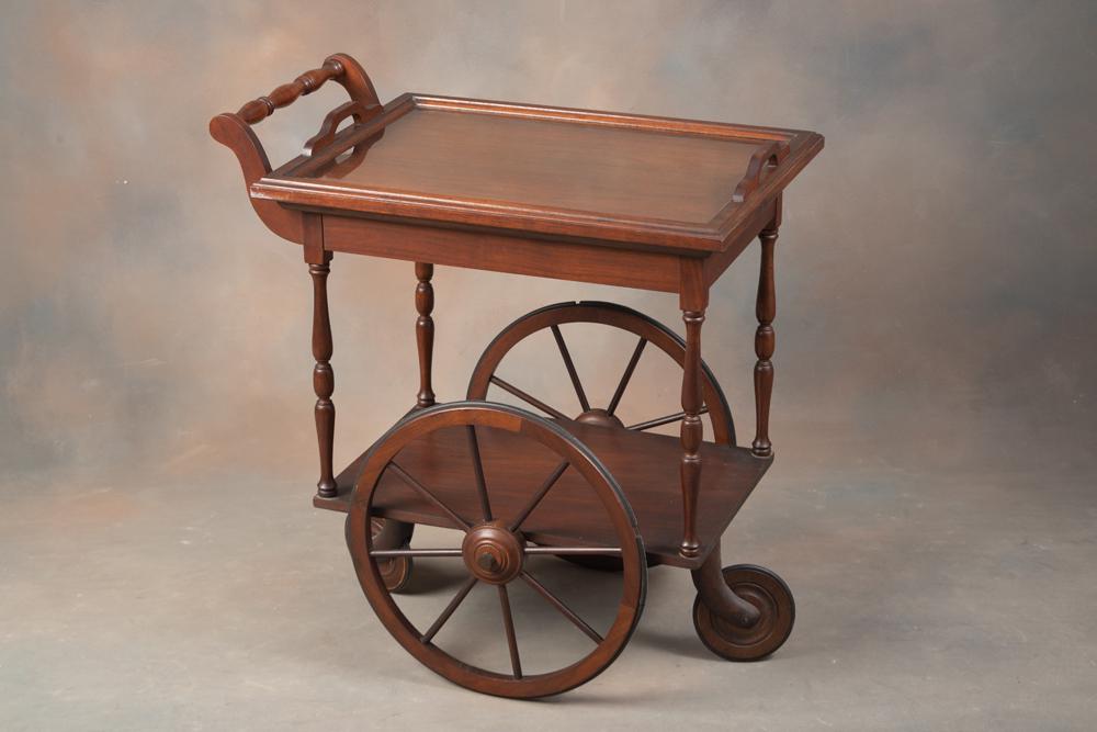 Very desirable walnut Big Wheel Tea Cart, circa 1940s, with 17" wheels with wooden and glass top: Very desirable walnut Big Wheel Tea Cart, circa 1940s, with 17" wheels with wooden and glass top lift off tray, quality made, very nice original finish and condition, possibly Grand Rapids. Measures 2