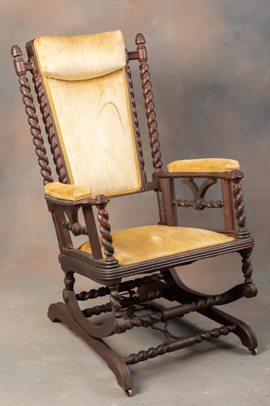 Antique Hunzinger Platform Rocker, circa 1890, designed with the original rope twist, original: Antique Hunzinger Platform Rocker, circa 1890, designed with the original rope twist, original Hunzinger spring hardware, in original estate found condition. Measures 40" tall at back x 26" across arm