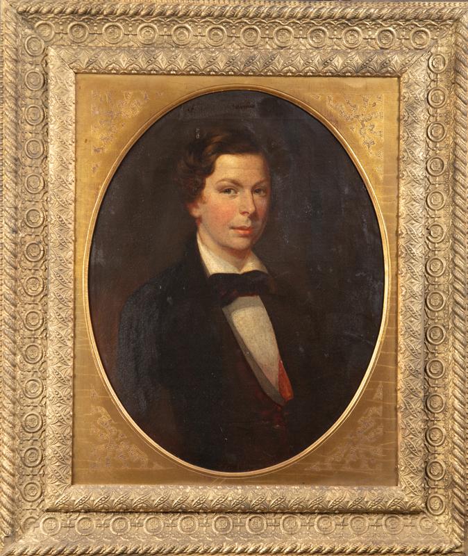 Early Oil on canvas Painting from an early Texas Estate. Family stated it was a likeness of Stephen: Early Oil on canvas Painting from an early Texas Estate. Family stated it was a likeness of Stephen F. Austin as a young man. Actual oval painting measures 21 1/2" x 27 1/2", embossed gold antique fra