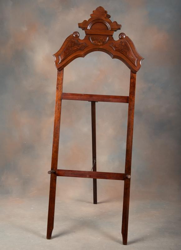 Walnut Victorian Easel with burl walnut crest, 65" T x 23" W. Nice finish, overall good condition.: Walnut Victorian Easel with burl walnut crest, 65" T x 23" W. Nice finish, overall good condition.