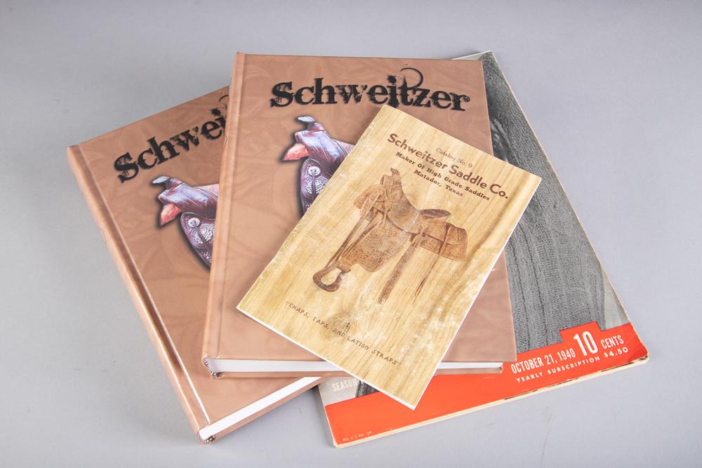 Two Books titled "Schweitzer" by Bruce McGinnis. Title page reads "Inclined to Beauty/Compelled to: Two Books titled "Schweitzer" by Bruce McGinnis. Title page reads "Inclined to Beauty/Compelled to Excellence a study of art and character in the life and work of Matador saddle maker H.H. Schweitzer.