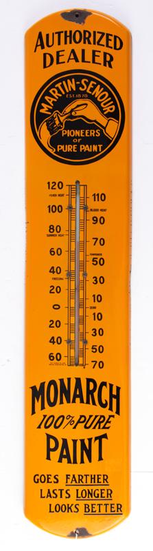 Antique raised porcelain Advertising Thermometer for "Martin-Senour Pioneers of Pure Paint", bright: Antique raised porcelain Advertising Thermometer for "Martin-Senour Pioneers of Pure Paint", bright color, porcelain is in very nice shape with the exception of some damage around mounting holes, 8" x