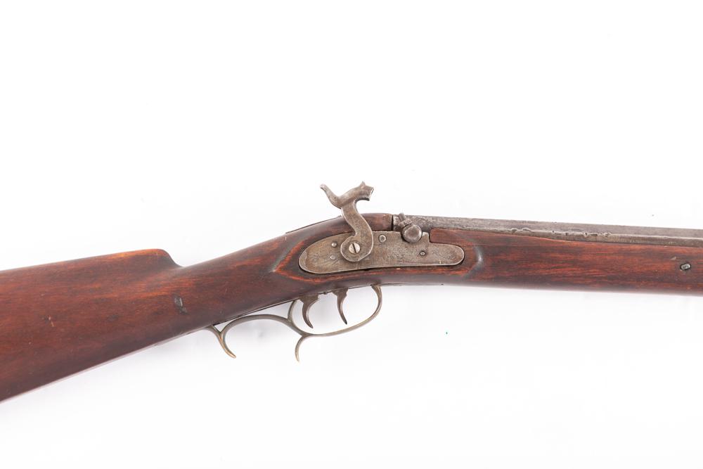 Early Half Stock Percussion Rifle with double set trigger, approximately .45 caliber bore, 41": Early Half Stock Percussion Rifle with double set trigger, approximately .45 caliber bore, 41" octagon barrel. Engraved quail on right side of hammer plate. Nice relic! BUDDY KING COLLECTION
