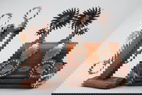 Three piece Bit and Spur Set made by noted Colorado Bit and Spur Maker Bill Adamson that includes a: Three piece Bit and Spur Set made by noted Colorado Bit and Spur Maker Bill Adamson that includes a massive pair of double mounted, hand engraved copper and silver overlay Spurs with broken heart