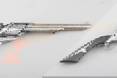 Fine antique Colt SAA Revolver, engraved by Master Texas Engraver David Wade Harris, .45 caliber, SN: Fine antique Colt SAA Revolver, engraved by Master Texas Engraver David Wade Harris, .45 caliber, SN 111386, manufactured 1884, 7 1/2" barrel, nickel finish with fire blue screws, engraved in full