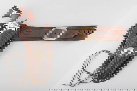 Fine vintage "C.P. Shipley, Kansas City" marked Money / Cartridge Belt with single loop, basket: Fine vintage "C.P. Shipley, Kansas City" marked Money / Cartridge Belt with single loop, basket weave spotted Holster for a 7 1/2" Colt SAA Revolver. Cartridge Belt is made for .45 caliber