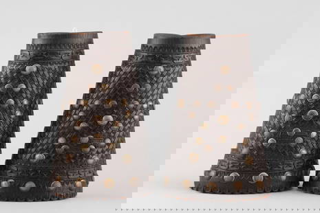 An exceptional pair of vintage "C.P. Shipley, Kansas City " marked basket weave leather and spotted: An exceptional pair of vintage "C.P. Shipley, Kansas City " marked basket weave leather and spotted Roping Cuffs with fluted edge and original "C.P. Shipley" marked buttons. Very desirable pair in