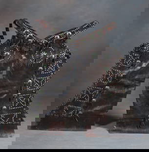 Pair of vintage "R.T. Frazier, Pueblo, Colo." marked, spotted bat wing Chaps, leather is supple,: Pair of vintage "R.T. Frazier, Pueblo, Colo." marked, spotted bat wing Chaps, leather is supple, chaps show repair in crotch area, missing some spots. Chaps are mounted on wooden board for display.