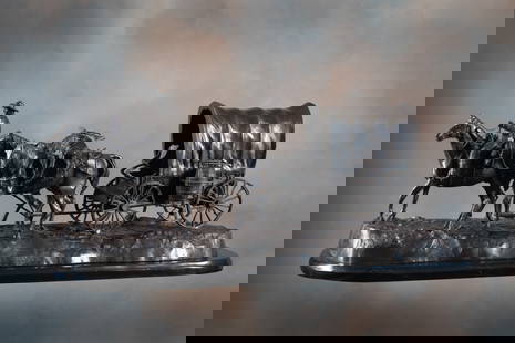 Large Western Bronze Sculpture marked "C.M. Russell", depicting horse and rider with pack mules and: Large Western Bronze Sculpture marked "C.M. Russell", depicting horse and rider with pack mules and wagon. Pack Mule is carrying large Elk. Bronze is mounted on black marble base that measures 35" L