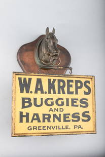 Unique vintage wall hanging Horse Head Advertisement for "W.A. Kreps/Buggies and Harness/Greenville,: Unique vintage wall hanging Horse Head Advertisement for "W.A. Kreps/Buggies and Harness/Greenville, PA." Sign has metal horsehead with suspended metal framed advertisement, circa 1900-1910,