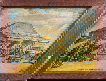 Original vintage framed Advertisement for XXX Pearl Beer titled "The Famous "Judge" Roy Bean Horse: Original vintage framed Advertisement for XXX Pearl Beer titled "The Famous "Judge" Roy Bean Horse Thief Trail", measures 43" W x 32 1/4" T. Advertisement has small separation in paper at top left