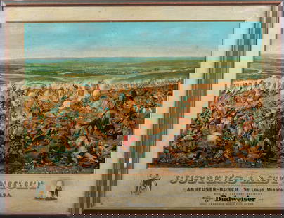 Original vintage framed Advertisement for Budweiser and Anheuser-Busch titled "Custer's Last Fight".: Original vintage framed Advertisement for Budweiser and Anheuser-Busch titled "Custer's Last Fight". The original Painting has been presented to the "7TH REGIMENT, U.S CAVALRY". Advertising appears