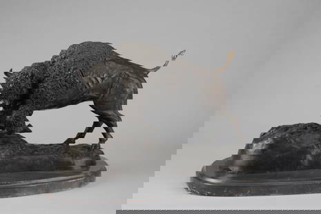 Heavy solid bronze Sculpture of Charging Buffalo marked "Frederick Remington, #3", attributed to: Heavy solid bronze Sculpture of Charging Buffalo marked "Frederick Remington, #3", attributed to Henry Bernard Foundry. Bronze measures 17 1/2" L x 12" T x 6" W, mounted on oval shaped marble base