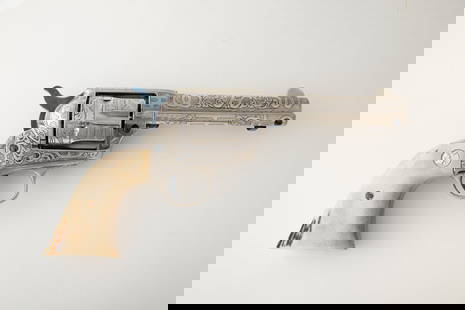 Fine Colt SAA Revolver engraved by Texas Master Engraver David Wade Harris, .44-40 caliber, SN: Fine Colt SAA Revolver engraved by Texas Master Engraver David Wade Harris, .44-40 caliber, SN 241354, manufactured 1903, 3 3/4" barrel, nickel finish with fire blue screws, full coverage engraved