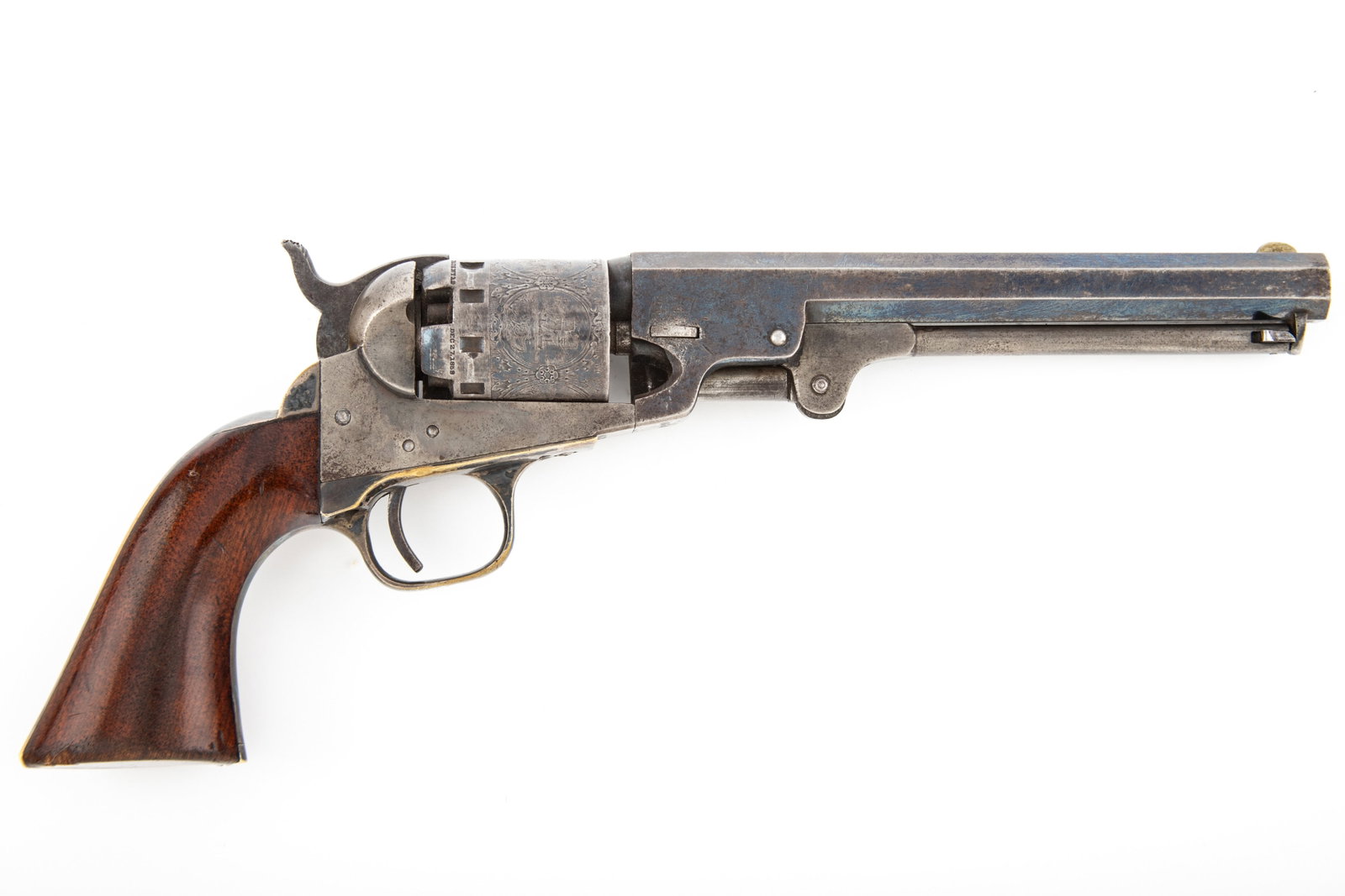 High condition antique Civil War Period Manhattan Vest Pistol, .36 caliber, SN 48628, 6 1/2" octagon: High condition antique Civil War Period Manhattan Vest Pistol, .36 caliber, SN 48628, 6 1/2" octagon barrel with German Silver front sight, much original blue finish on barrel and cylinder with case h