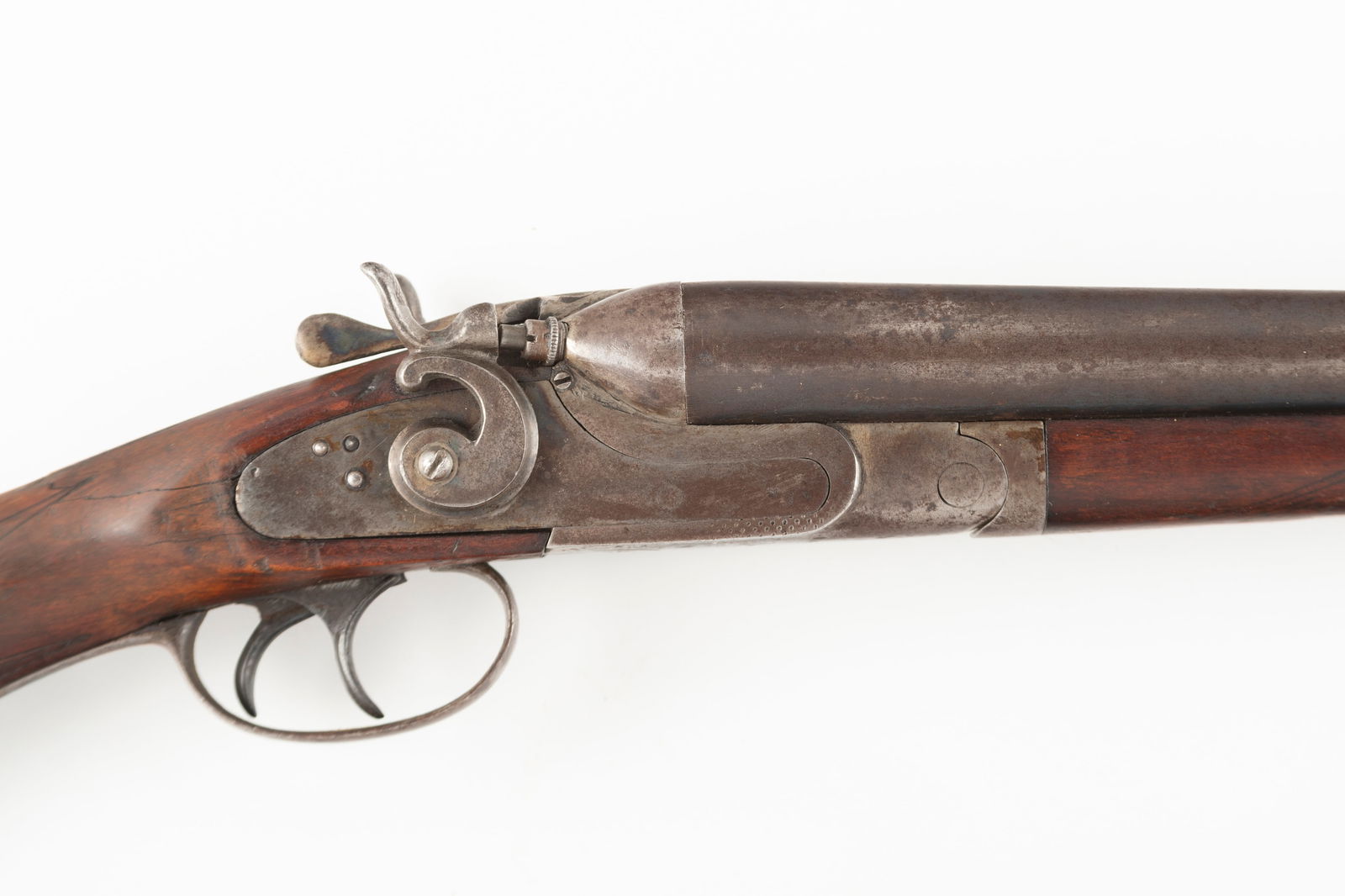 Vintage double barrel Coach Gun marked "American Gun Co., New York", 12 gauge, SN 363907, with 20": Vintage double barrel Coach Gun marked "American Gun Co., New York", 12 gauge, SN 363907, with 20" barrels, exposed double rabbit ears, barrels retain some blue finish, balance being dark grey patina