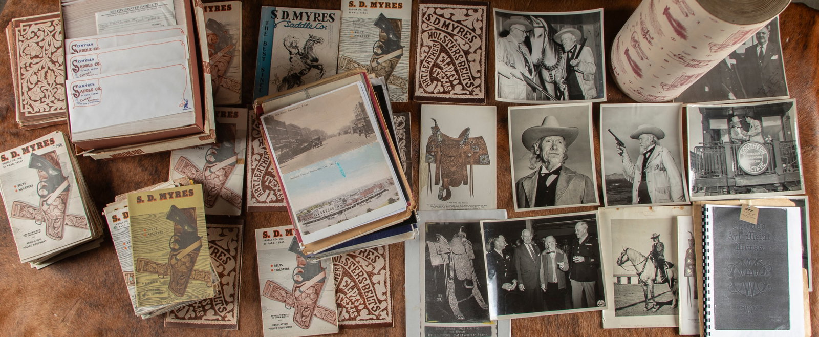 Large group of items originally from the S.D. Myres Shop, El Paso, Texas, to include: Several large: Large group of items originally from the S.D. Myres Shop, El Paso, Texas, to include: Several large vintage glossy Photographs of S.D. Myres in his later years, many of him dressed as Buffalo Bill. Se